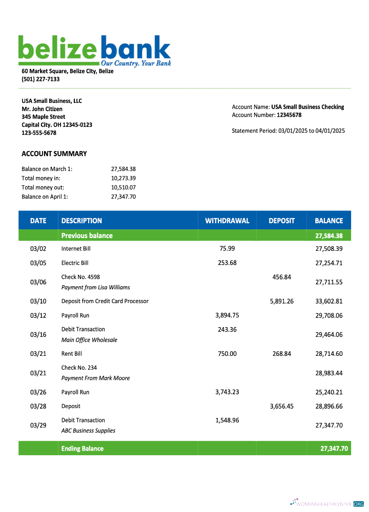 Download USA Belize Bank organization account statement Word and PDF template Photoshop template
